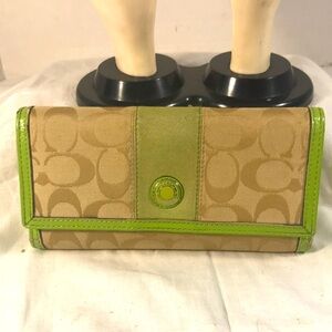 Coach Signature Khaki CC Canvas and Green Leather Women's Trifold  Clutch Wallet